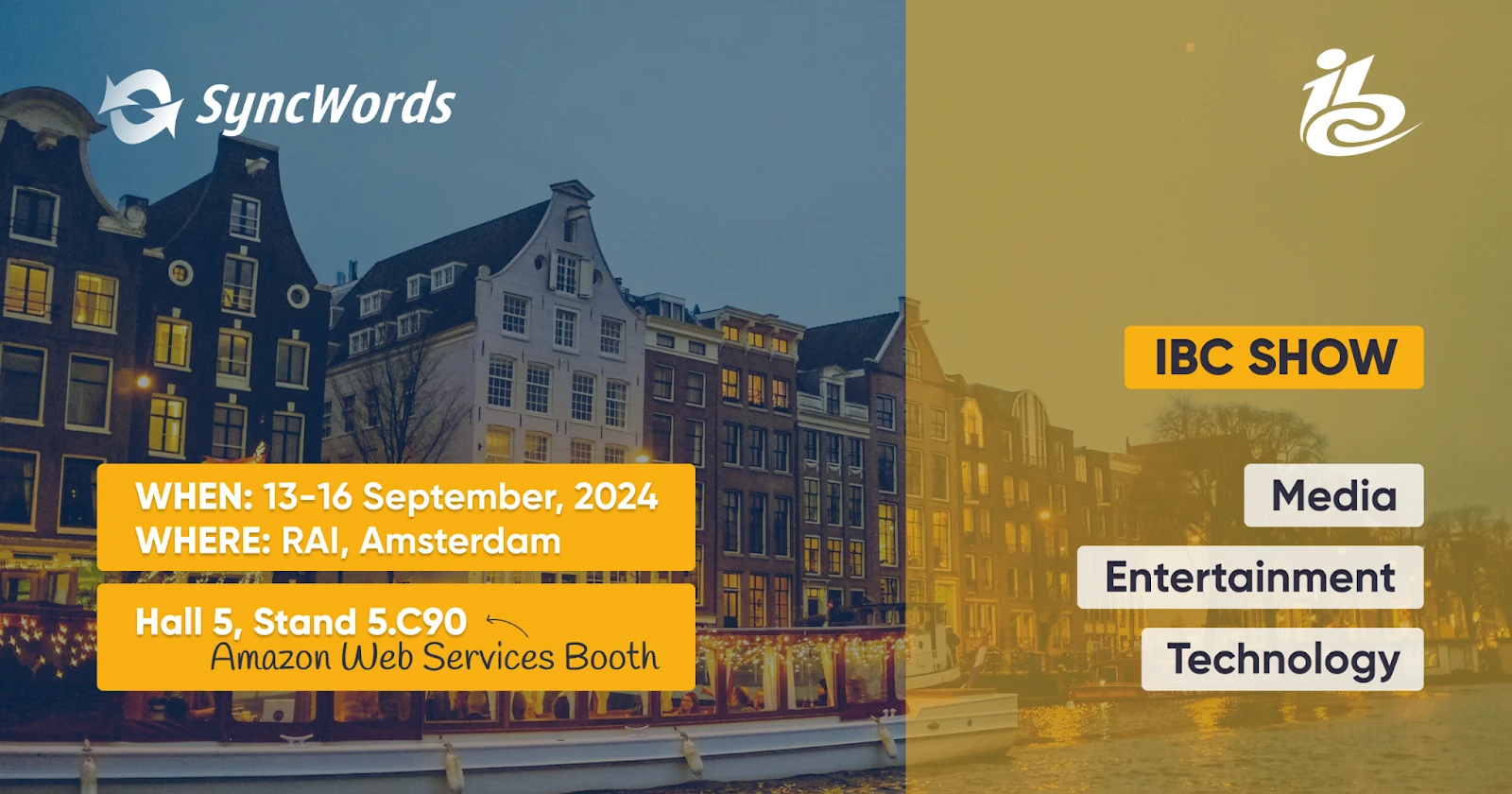 Sottotitolazione, traduzione e doppiaggio AI live di SyncWords allo stand AWS di IBC