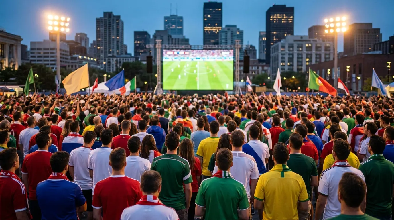 Football fans at an outdoor Fan Zone at dusk watching a match on a giant screen