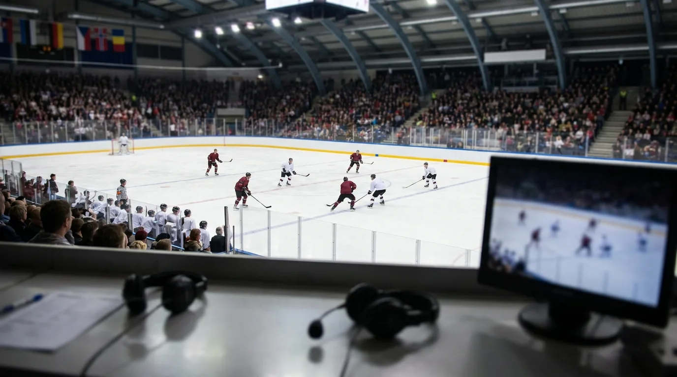 A live ice hockey game seen from the broadcast commentary booth, with headsets and a monitor in the foreground
