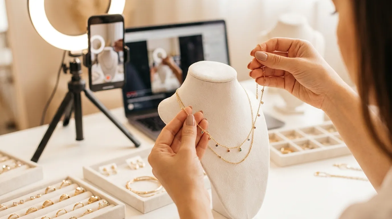 Juwelier präsentiert eine Goldkette vor einem Smartphone mit Ringlicht für den Online-Verkauf