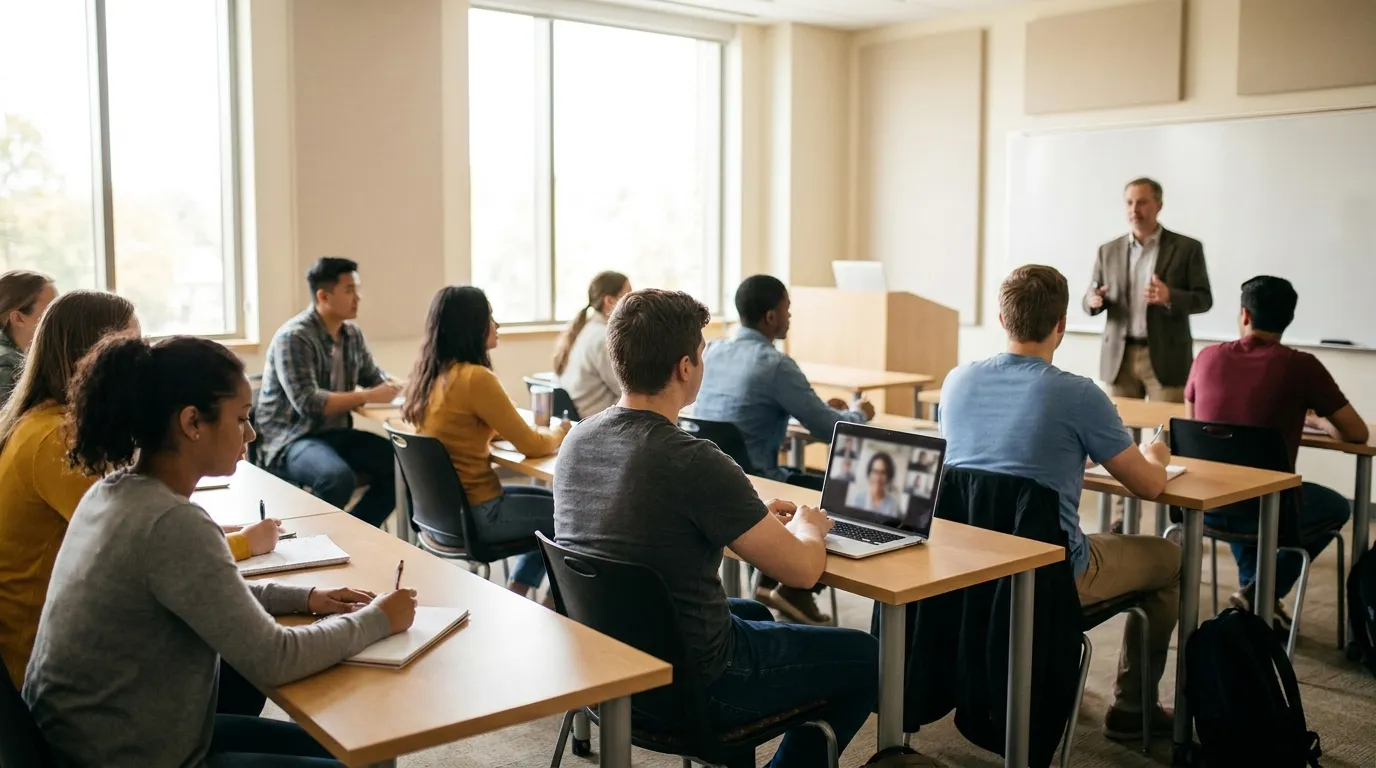 Studierende in einem Hörsaal mit einer per Video zugeschalteten Person