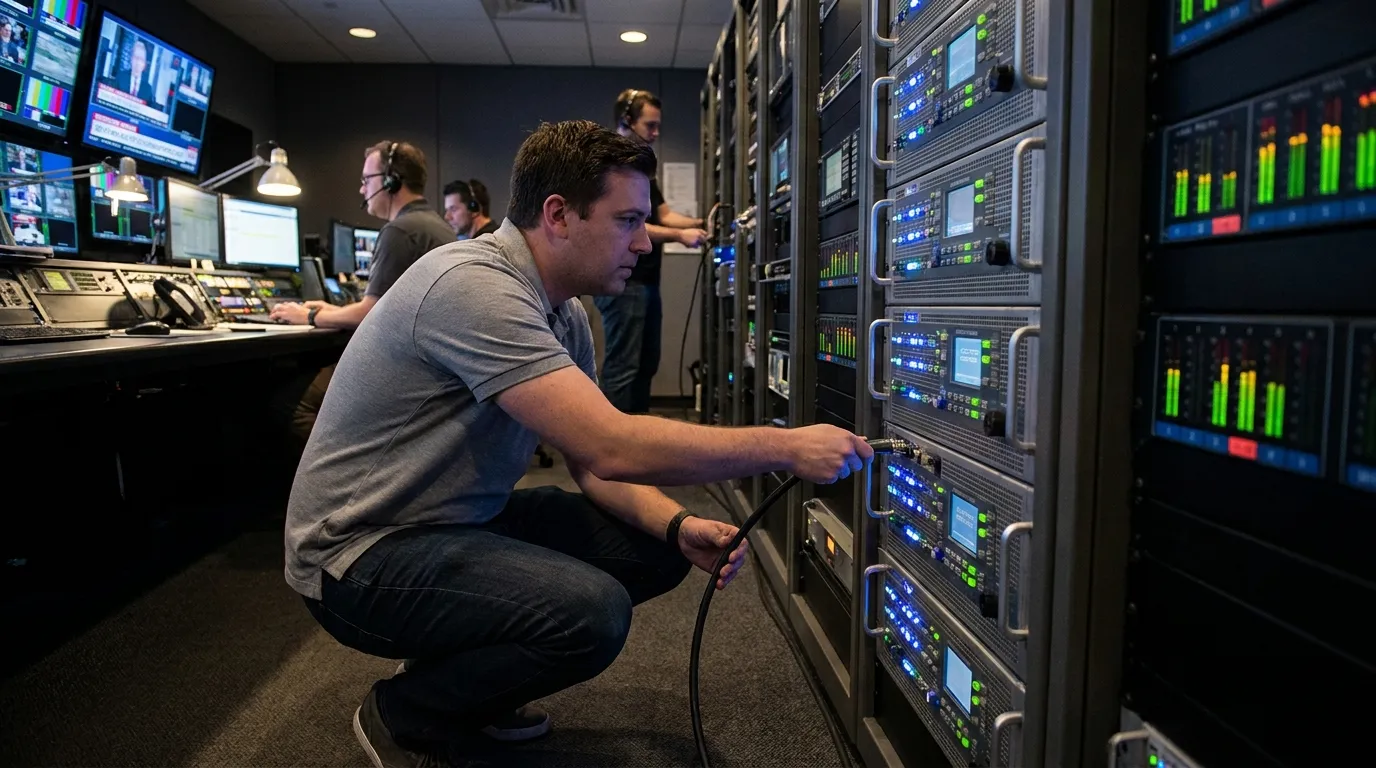 A broadcast operations team managing live video feeds