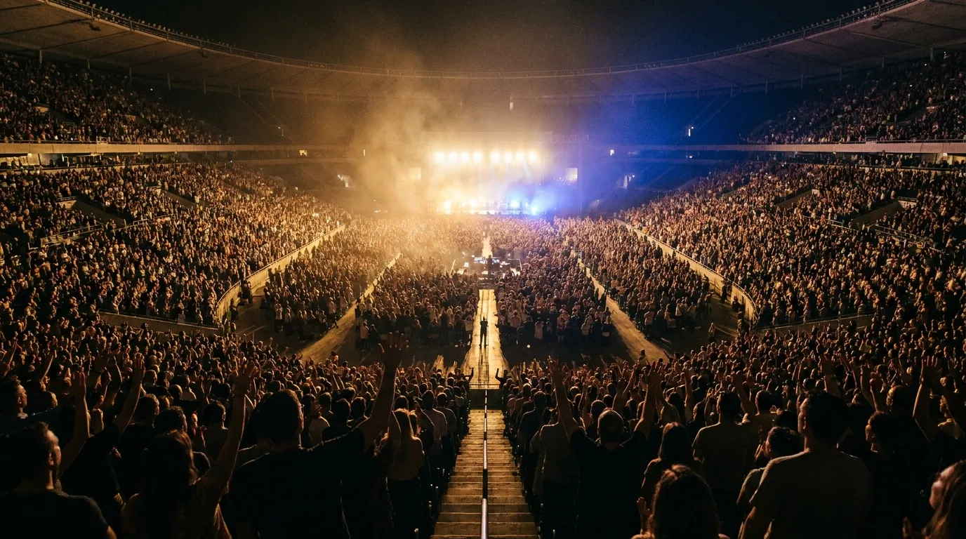 Große Glaubensveranstaltung in einer Arena mit Tausenden singenden Menschen und erhobenen Händen