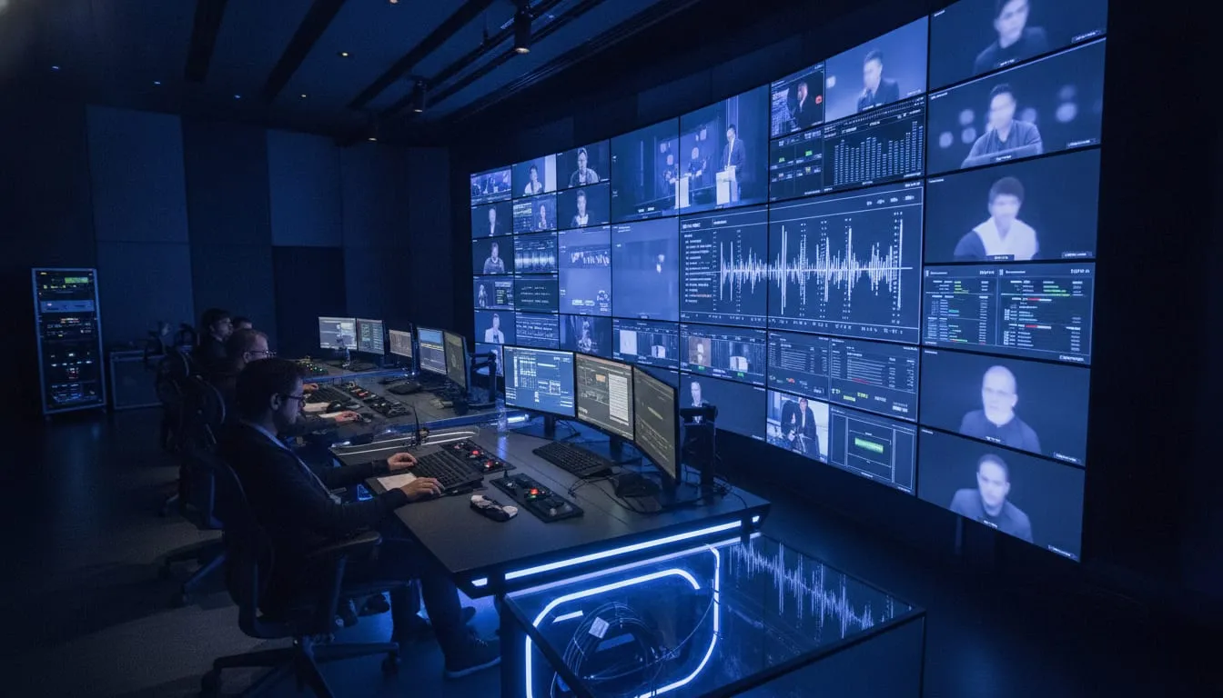 Live-event broadcast control room monitoring multiple caption feeds at London Tech Week