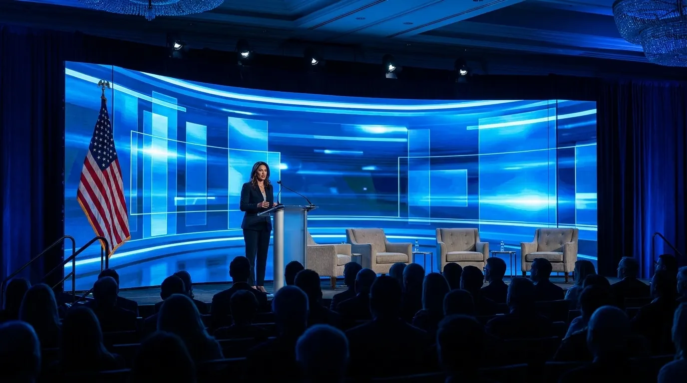 Presentatore sul palco davanti a un grande videowall blu durante un evento di lancio