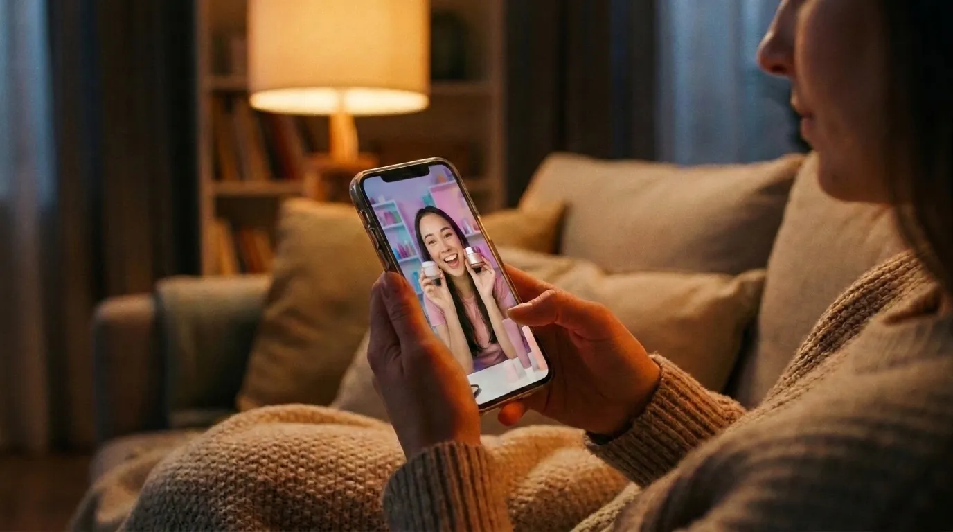 Kundin sieht eine Live-Shopping-Wiederholung auf einem Smartphone