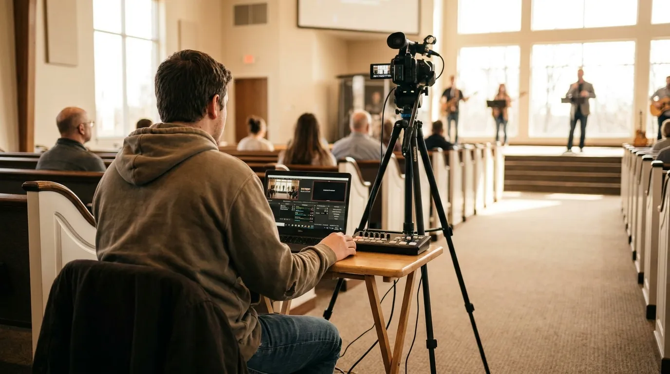 Ehrenamtliche Kraft steuert den sonntäglichen Livestream an einem Laptop im Technikbereich