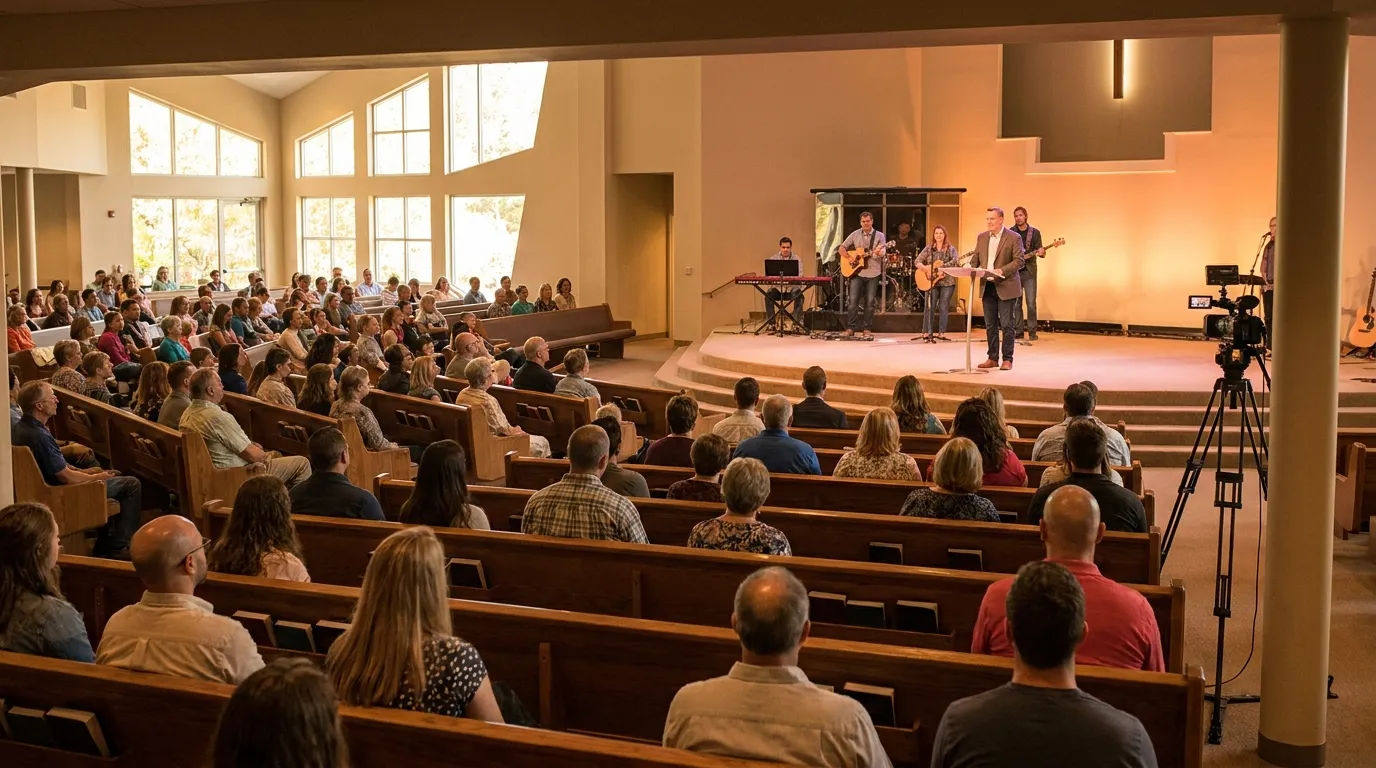 Voll besetzte Gemeinde bei einem live übertragenen Sonntagsgottesdienst in einem modernen Gottesdienstraum