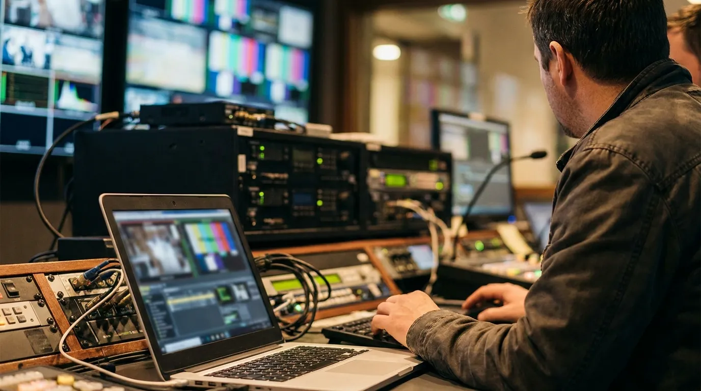 Ingeniero de broadcast emitiendo desde un portátil en una sala de control central