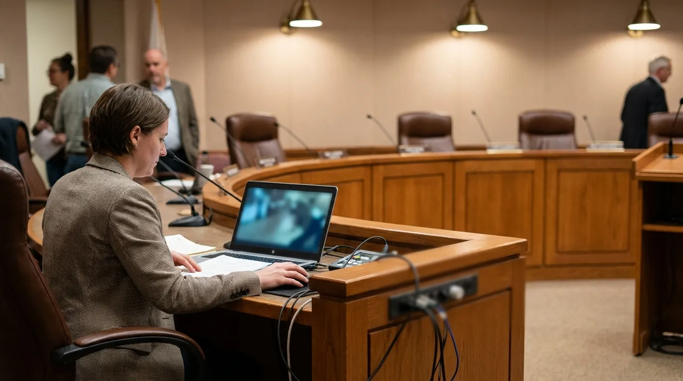 A clerk preparing a live public meeting from a laptop in the council chamber