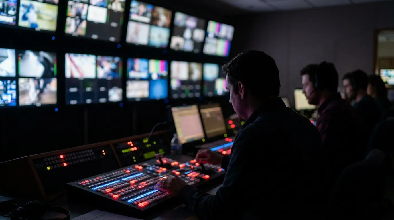 A news control gallery during a live bulletin