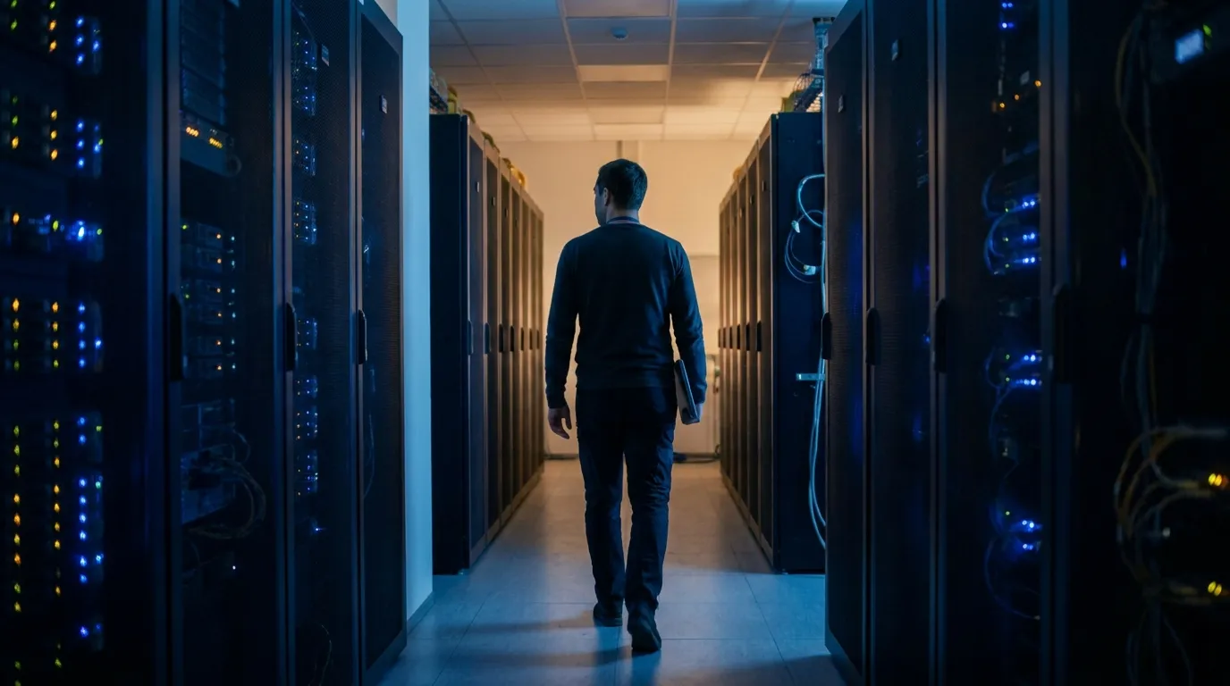 Bastidores de centro de datos operativos de forma continua detrás de la señal