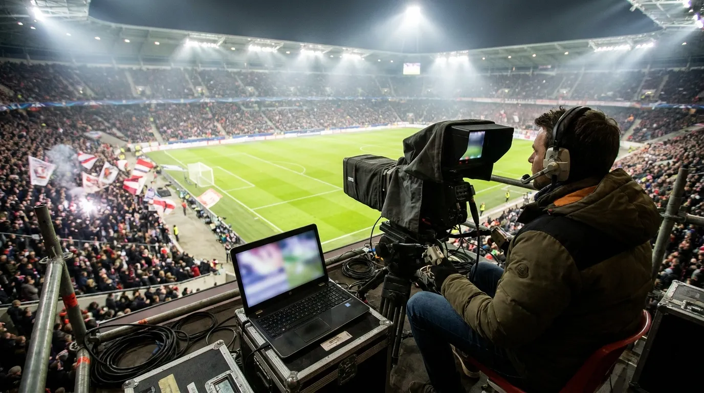 Un operatore sulla piattaforma della telecamera avvia la diretta da un portatile sopra un campo illuminato