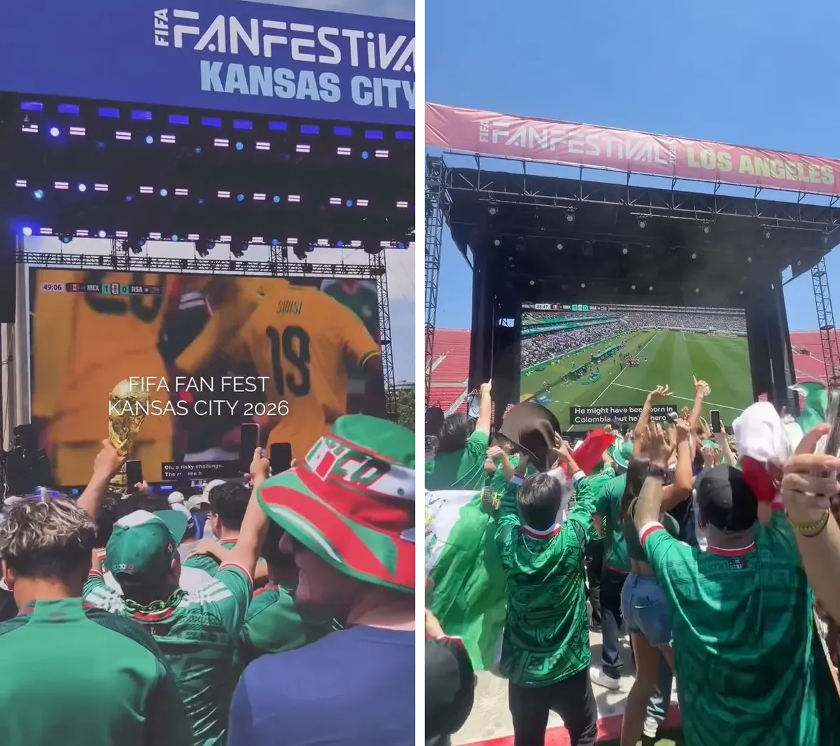 Two photos of FIFA Fan Festival crowds in Kansas City and Los Angeles watching a match on giant screens, with live closed captions of the commentary shown under the picture